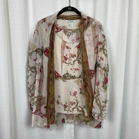 Citron Santa Monica Beige Asian Inspired Floral Print Silk Blouse&Scarf Sz.M - Picture 1 of 11